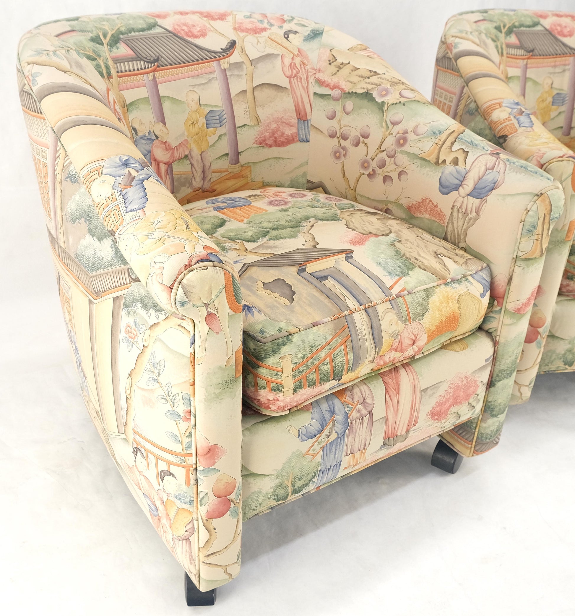 EstablishedLines Pair Asian Silk Motive Round Barrel Back Upholstery Lounge Chairs Casters MINT