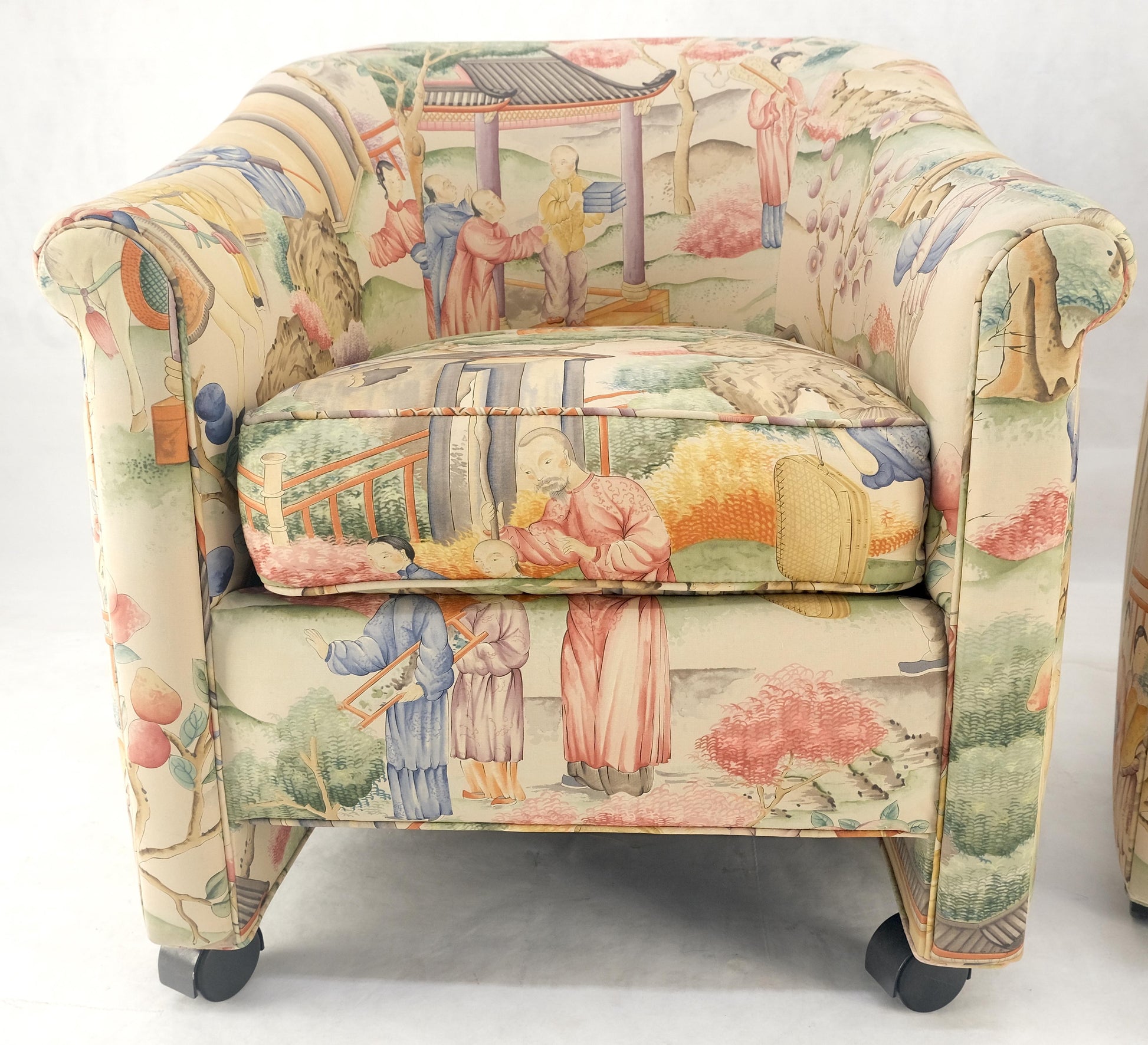 EstablishedLines Pair Asian Silk Motive Round Barrel Back Upholstery Lounge Chairs Casters MINT