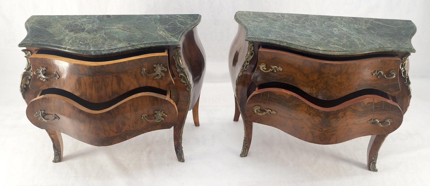 EstablishedLines Pair of 41" Wide Green Marble Top Louis V Bombay French Burl Dressers Commodes