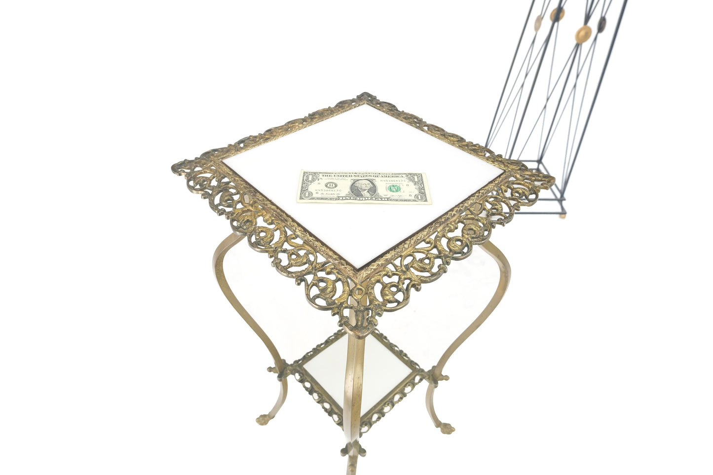 EstablishedLines Cast Brass & White Onyx Marble Two Tier Lamp Side Square Occasional Table MINT!