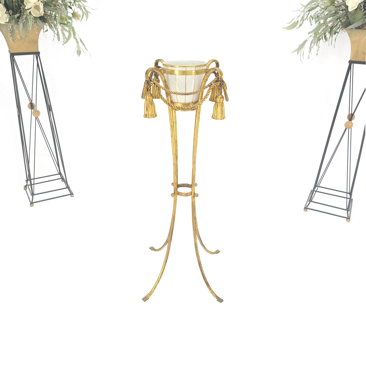 Gilt Wrought Iron "Twisted Rope" Base w/ Tassels Jardiniere Planter Pot MINT!