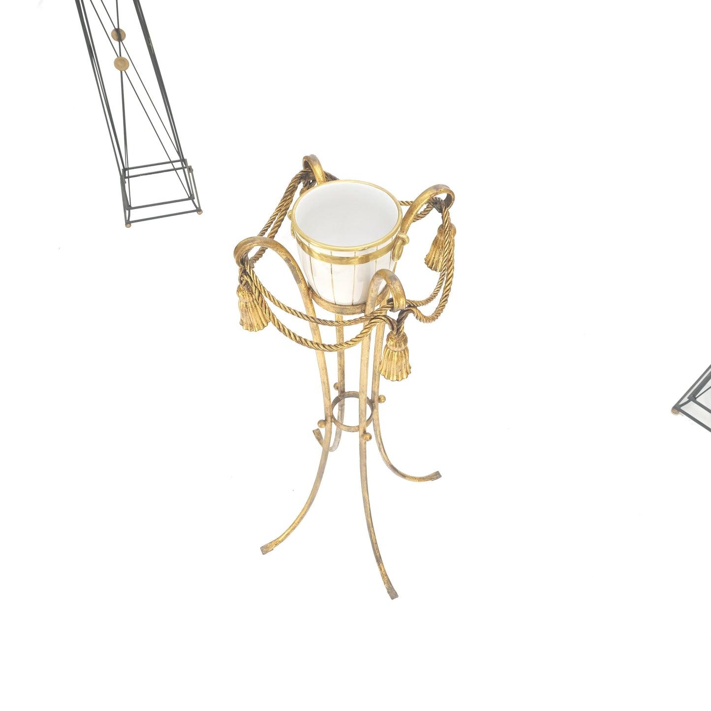 EstablishedLines Gilt Wrought Iron "Twisted Rope" Base w/ Tassels Jardiniere Planter Pot MINT!