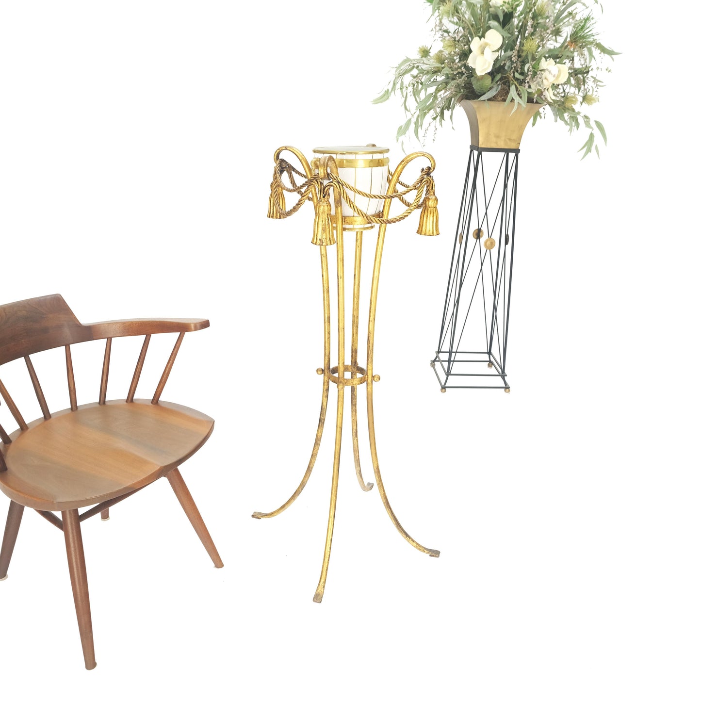 EstablishedLines Gilt Wrought Iron "Twisted Rope" Base w/ Tassels Jardiniere Planter Pot MINT!