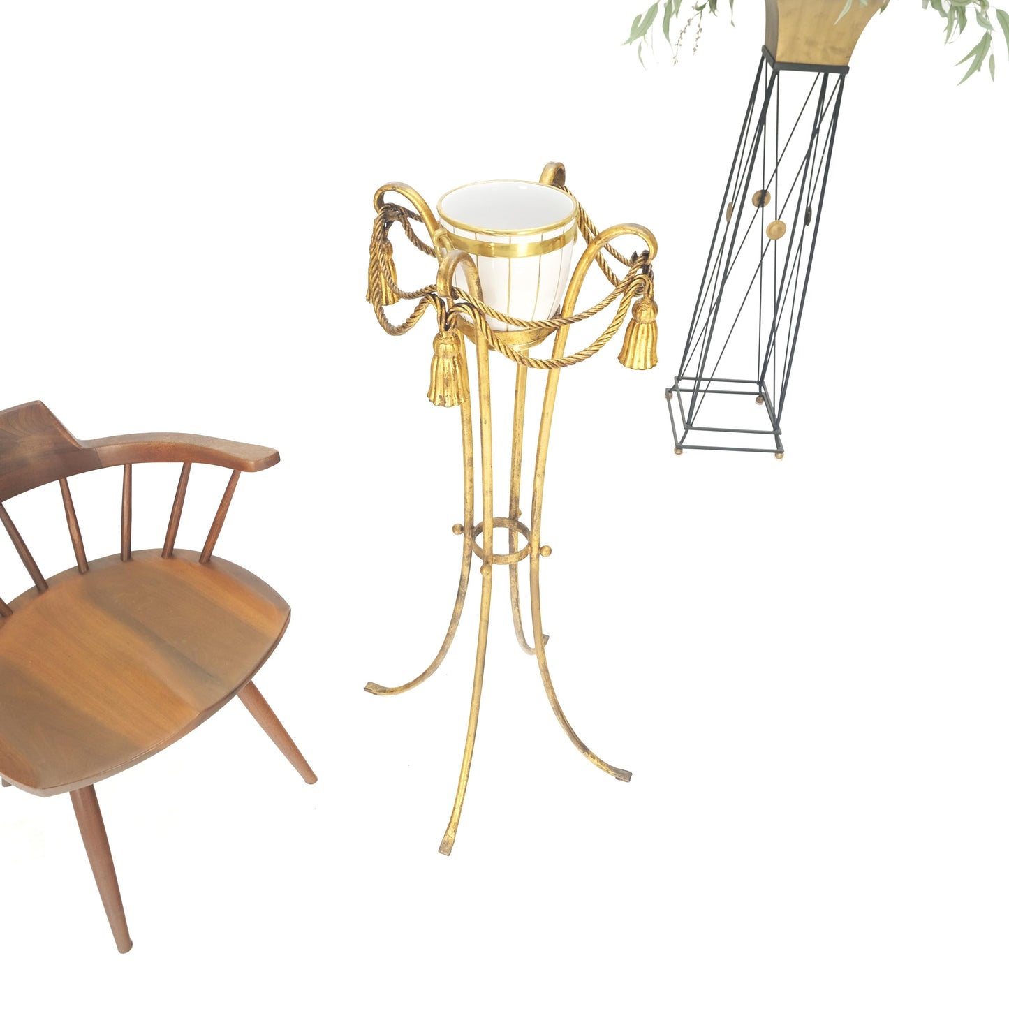Gilt Wrought Iron "Twisted Rope" Base w/ Tassels Jardiniere Planter Pot MINT!