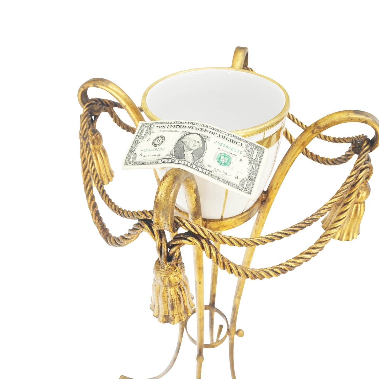 EstablishedLines Gilt Wrought Iron "Twisted Rope" Base w/ Tassels Jardiniere Planter Pot MINT!