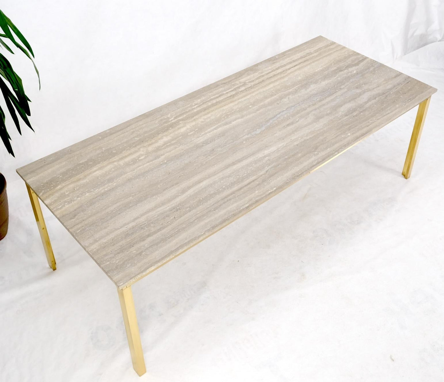 EstablishedLines Large Heavy Solid Brass Base Travertine Top Rectangle Dining Table
