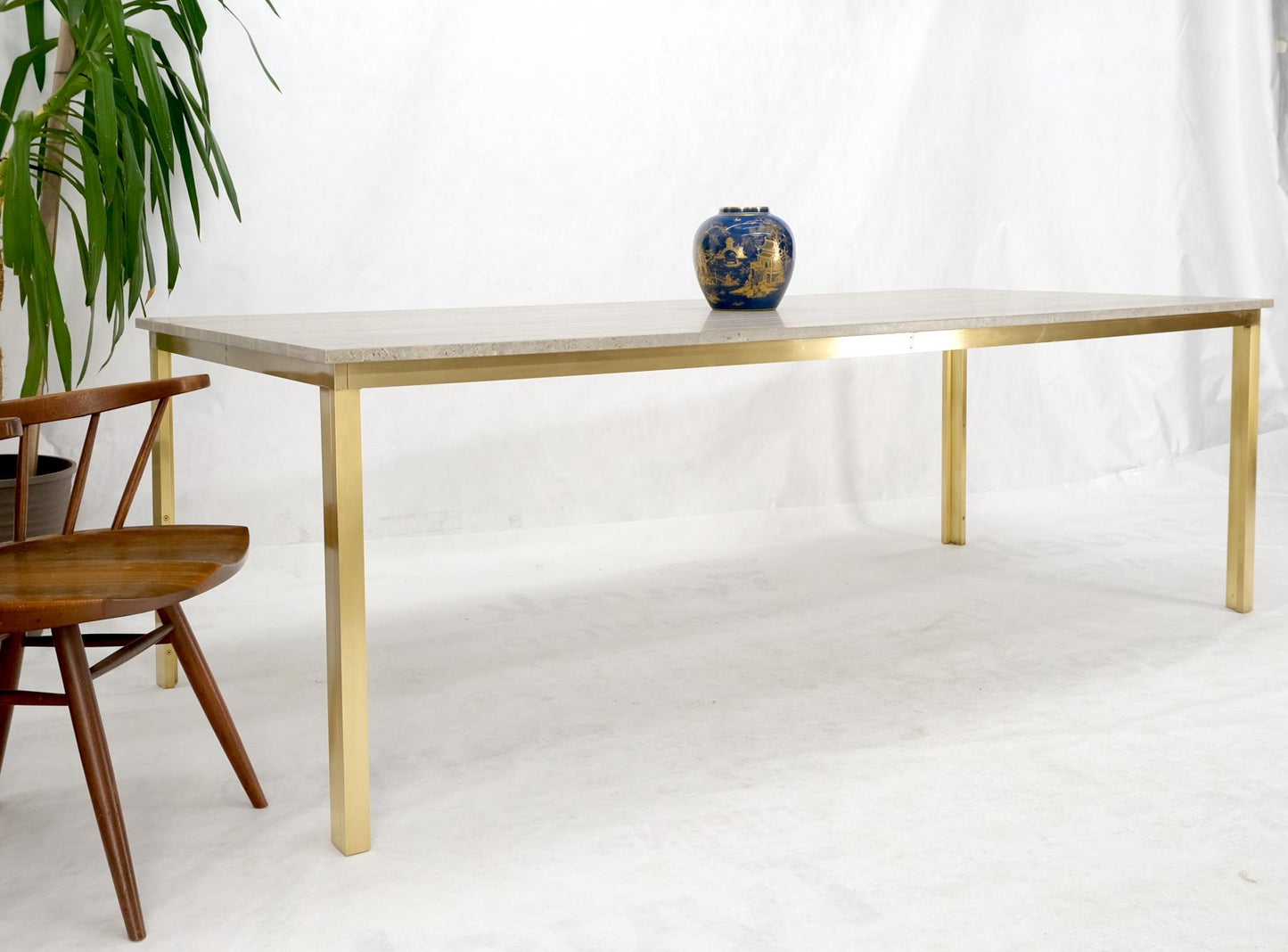 EstablishedLines Large Heavy Solid Brass Base Travertine Top Rectangle Dining Table