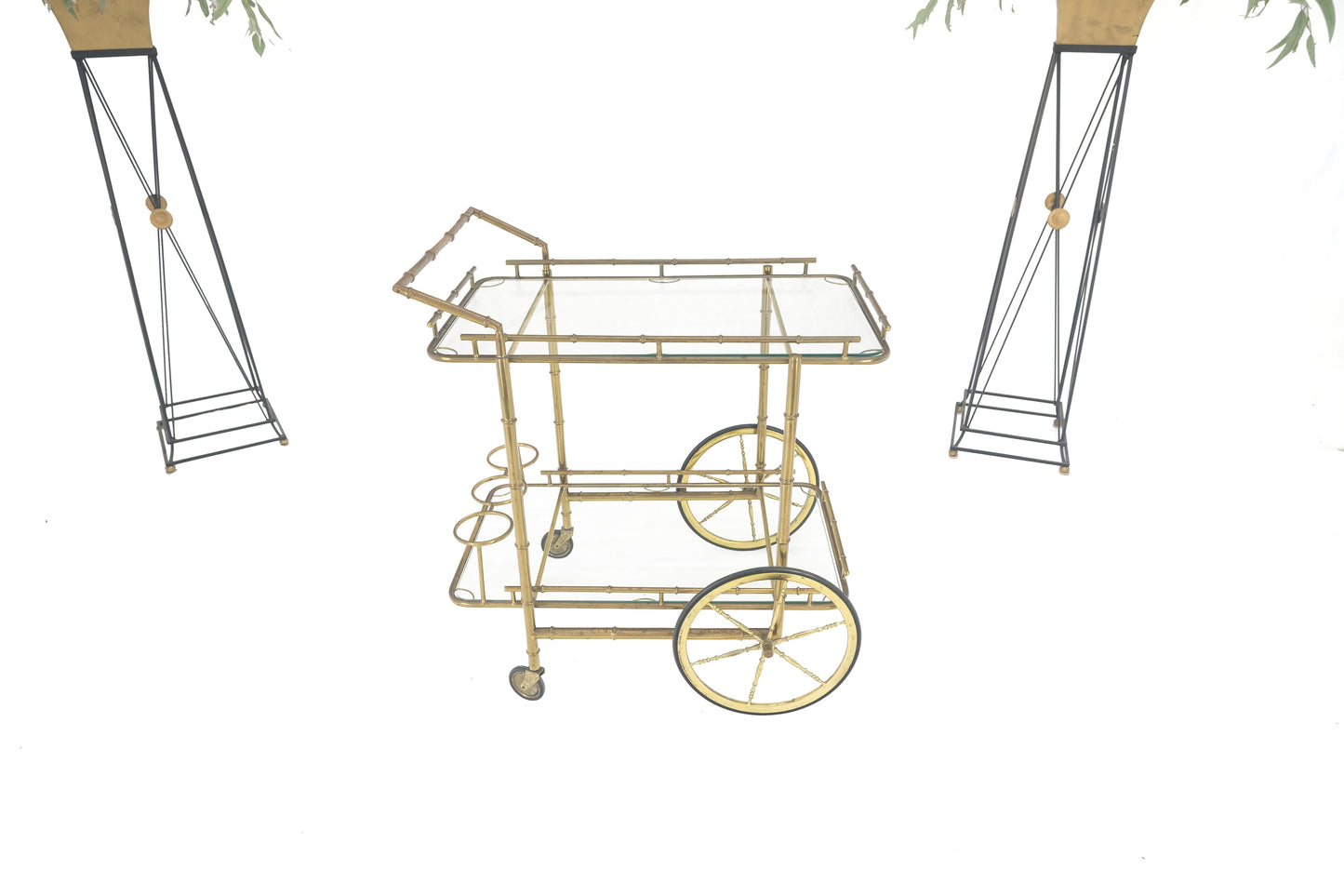 EstablishedLines Italian Mid Century Modern Faux Bamboo Brass Two Tier Serving Cart on Wheels
