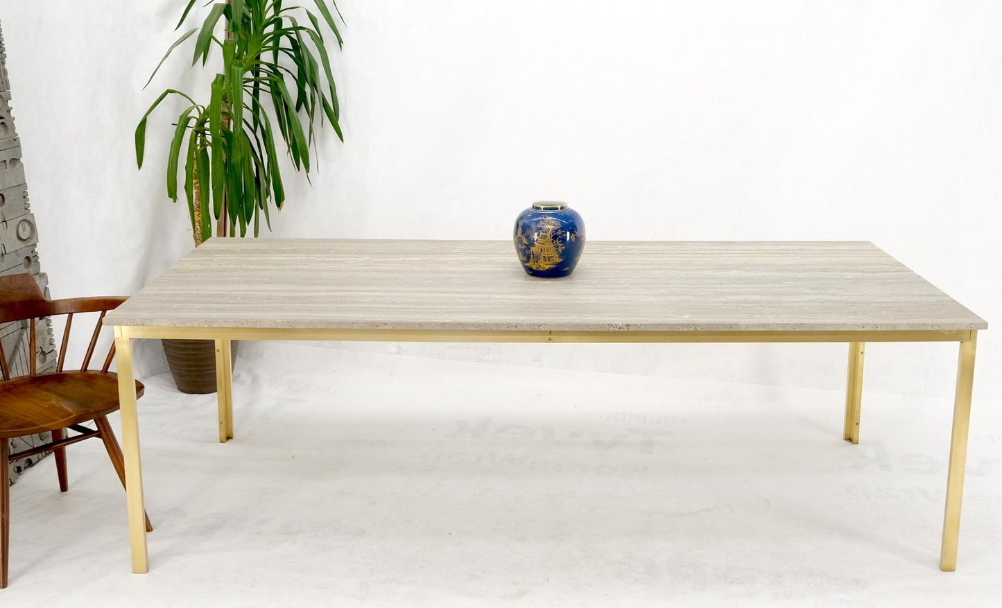 EstablishedLines Large Heavy Solid Brass Base Travertine Top Rectangle Dining Table