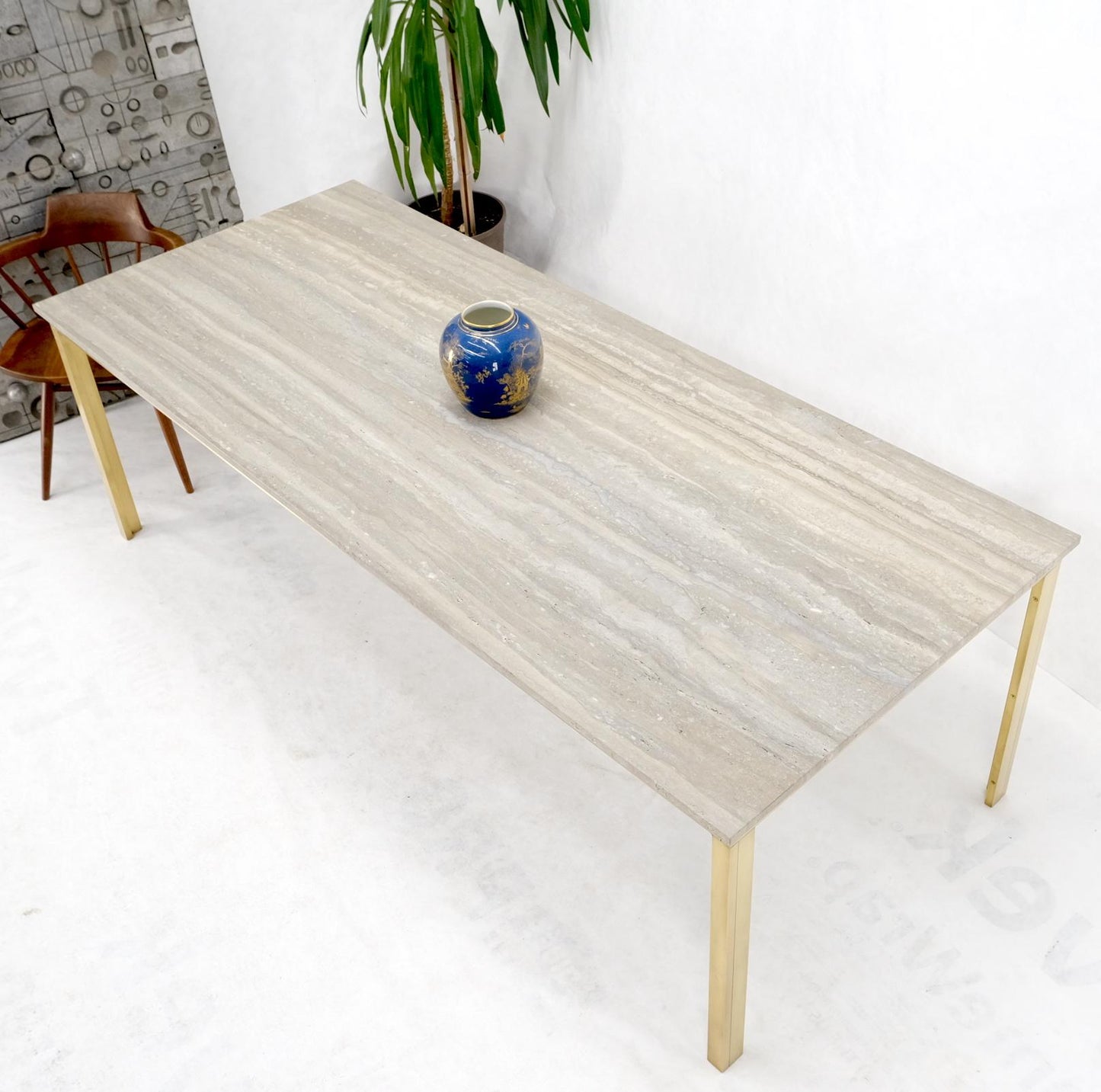 EstablishedLines Large Heavy Solid Brass Base Travertine Top Rectangle Dining Table