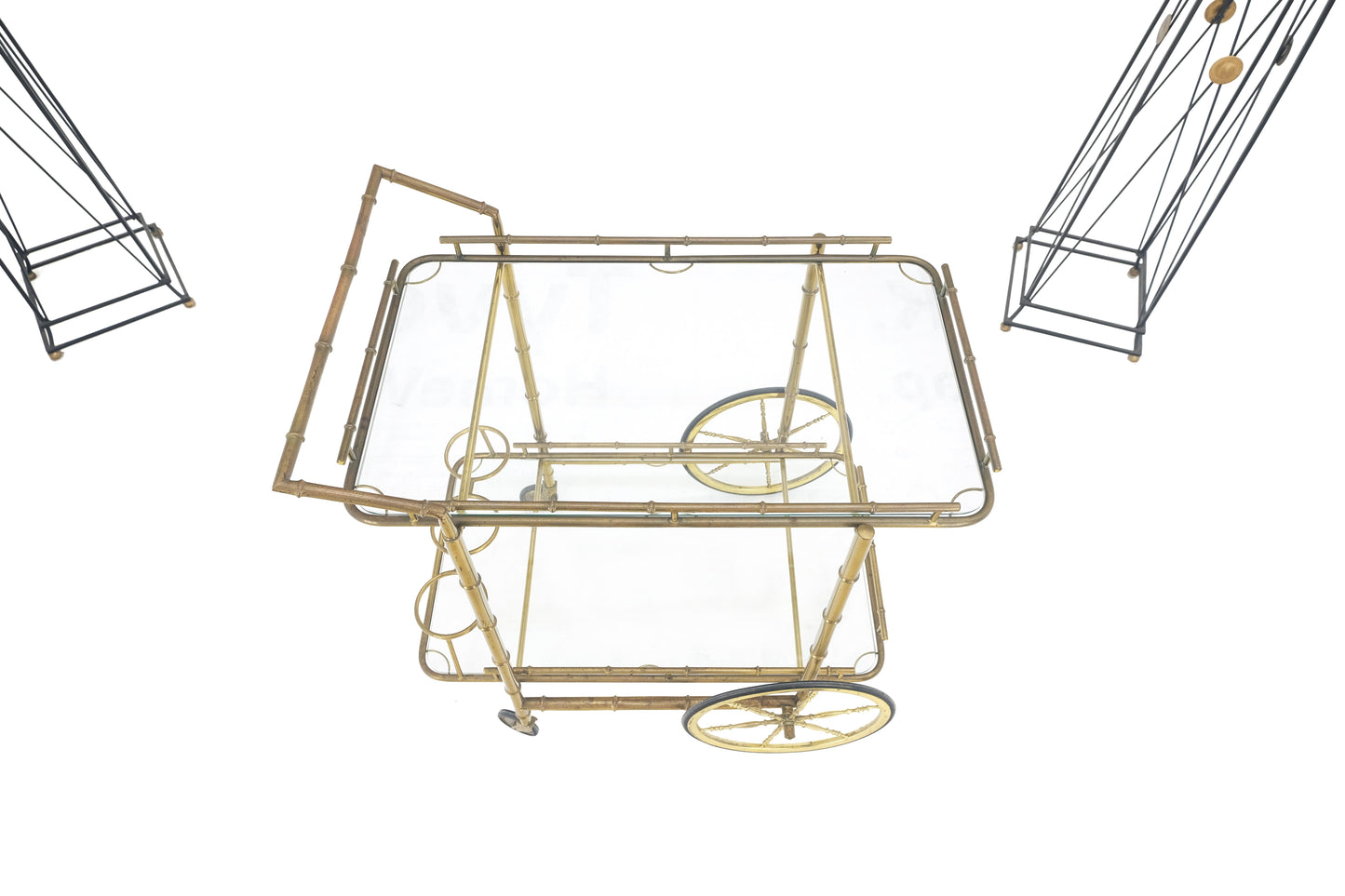 EstablishedLines Italian Mid Century Modern Faux Bamboo Brass Two Tier Serving Cart on Wheels