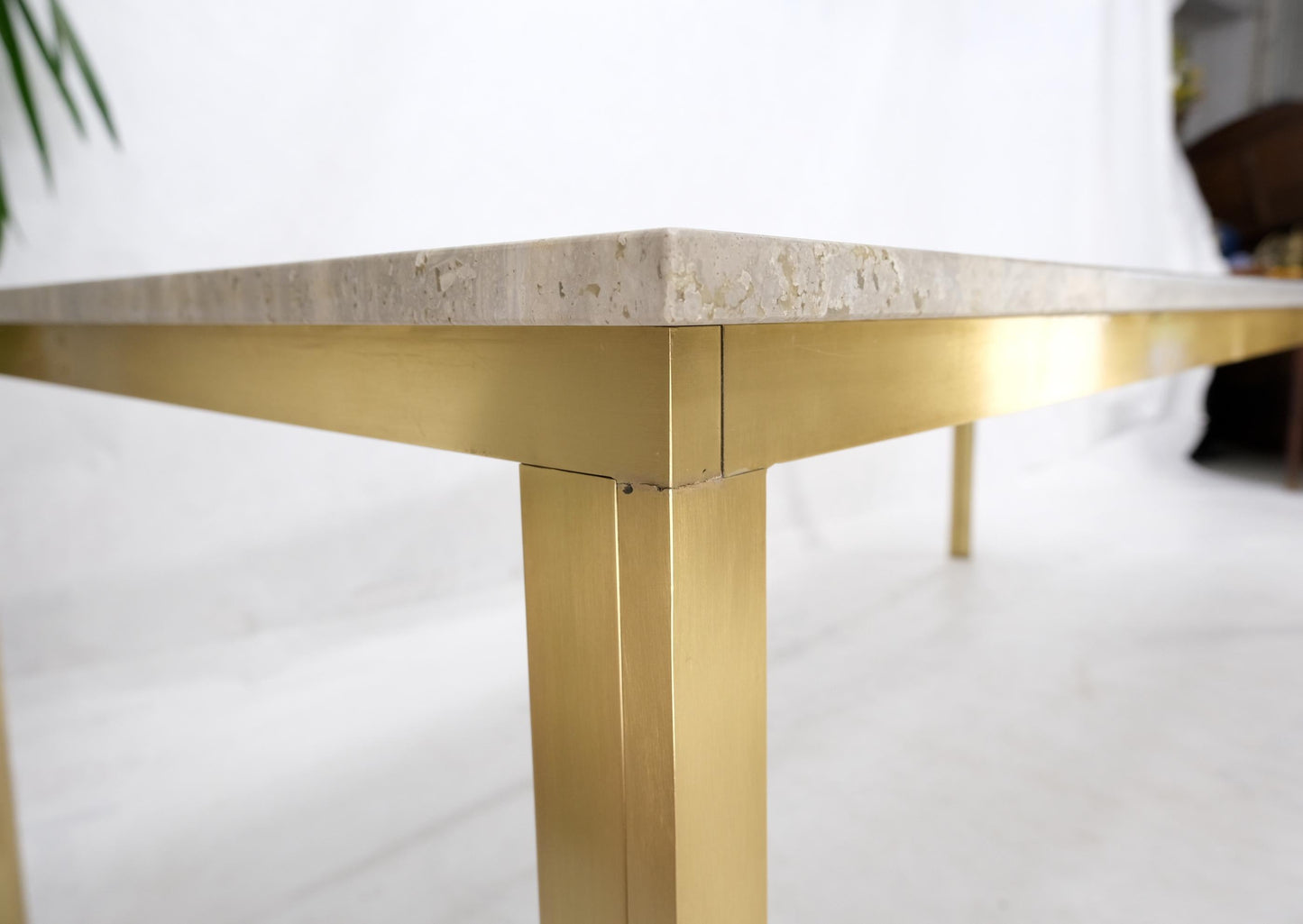 EstablishedLines Large Heavy Solid Brass Base Travertine Top Rectangle Dining Table