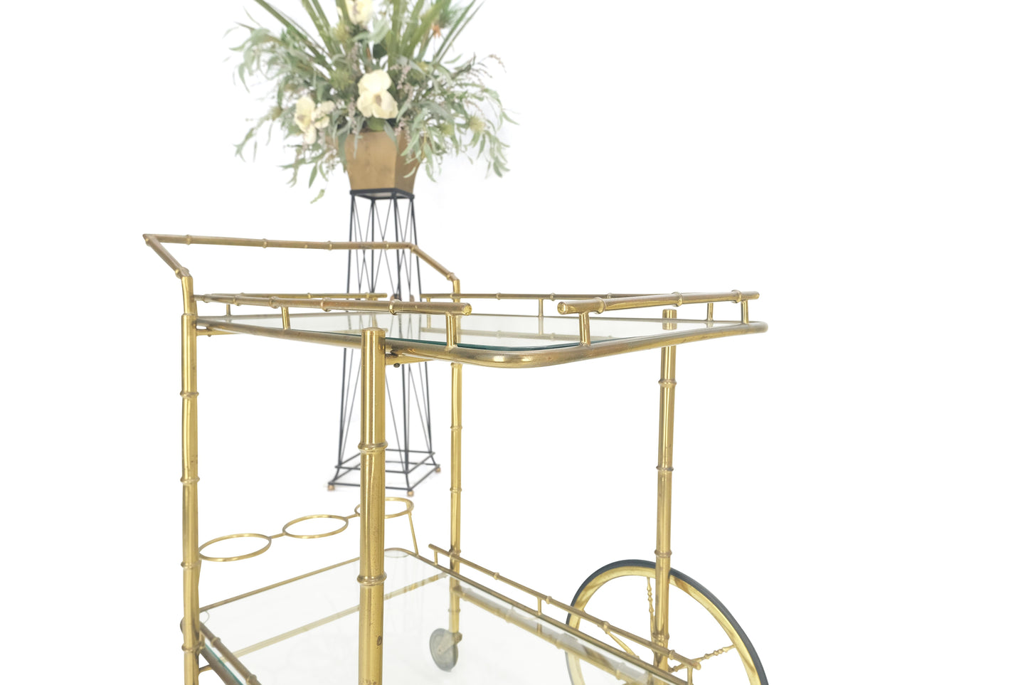 EstablishedLines Italian Mid Century Modern Faux Bamboo Brass Two Tier Serving Cart on Wheels