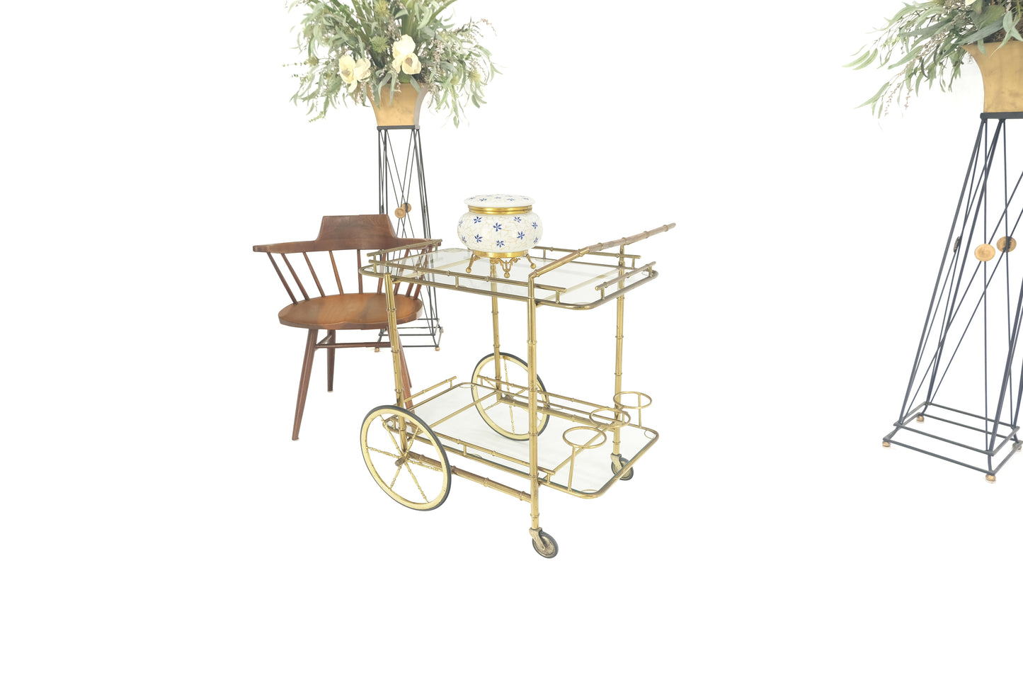 EstablishedLines Italian Mid Century Modern Faux Bamboo Brass Two Tier Serving Cart on Wheels