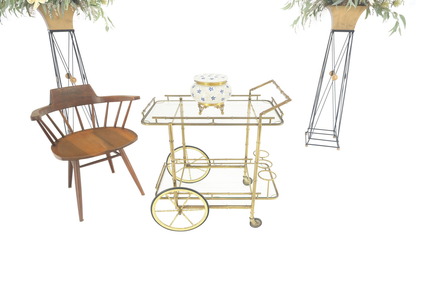 EstablishedLines Italian Mid Century Modern Faux Bamboo Brass Two Tier Serving Cart on Wheels
