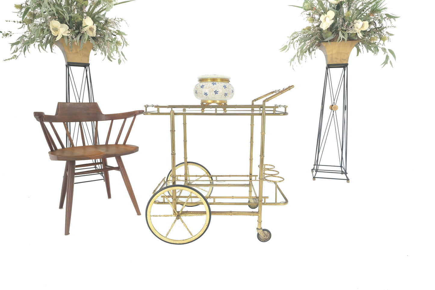 EstablishedLines Italian Mid Century Modern Faux Bamboo Brass Two Tier Serving Cart on Wheels