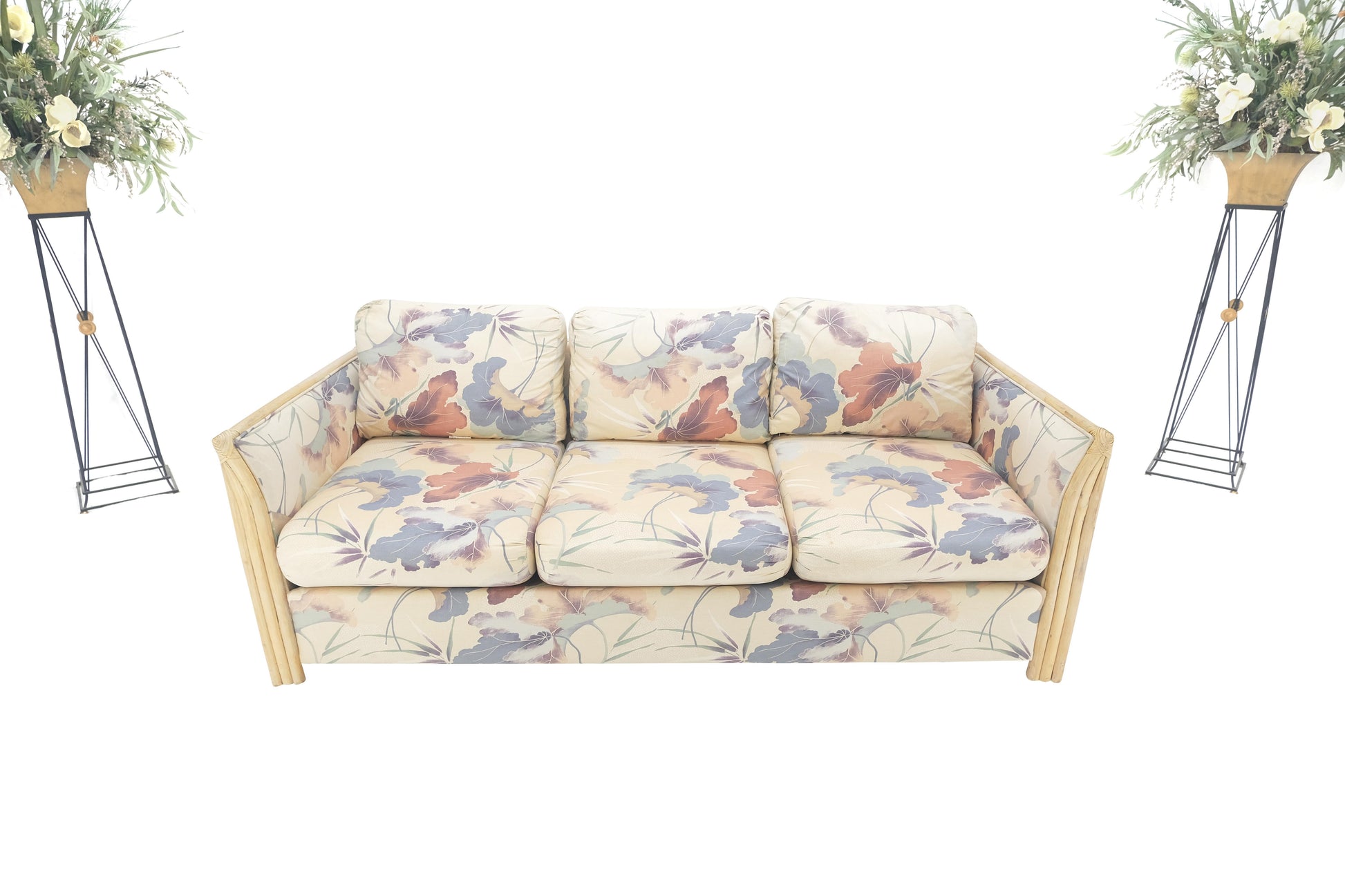 EstablishedLines Mid Century Three Seater Bamboo Frame Flowered Upholstery Sofa Couch