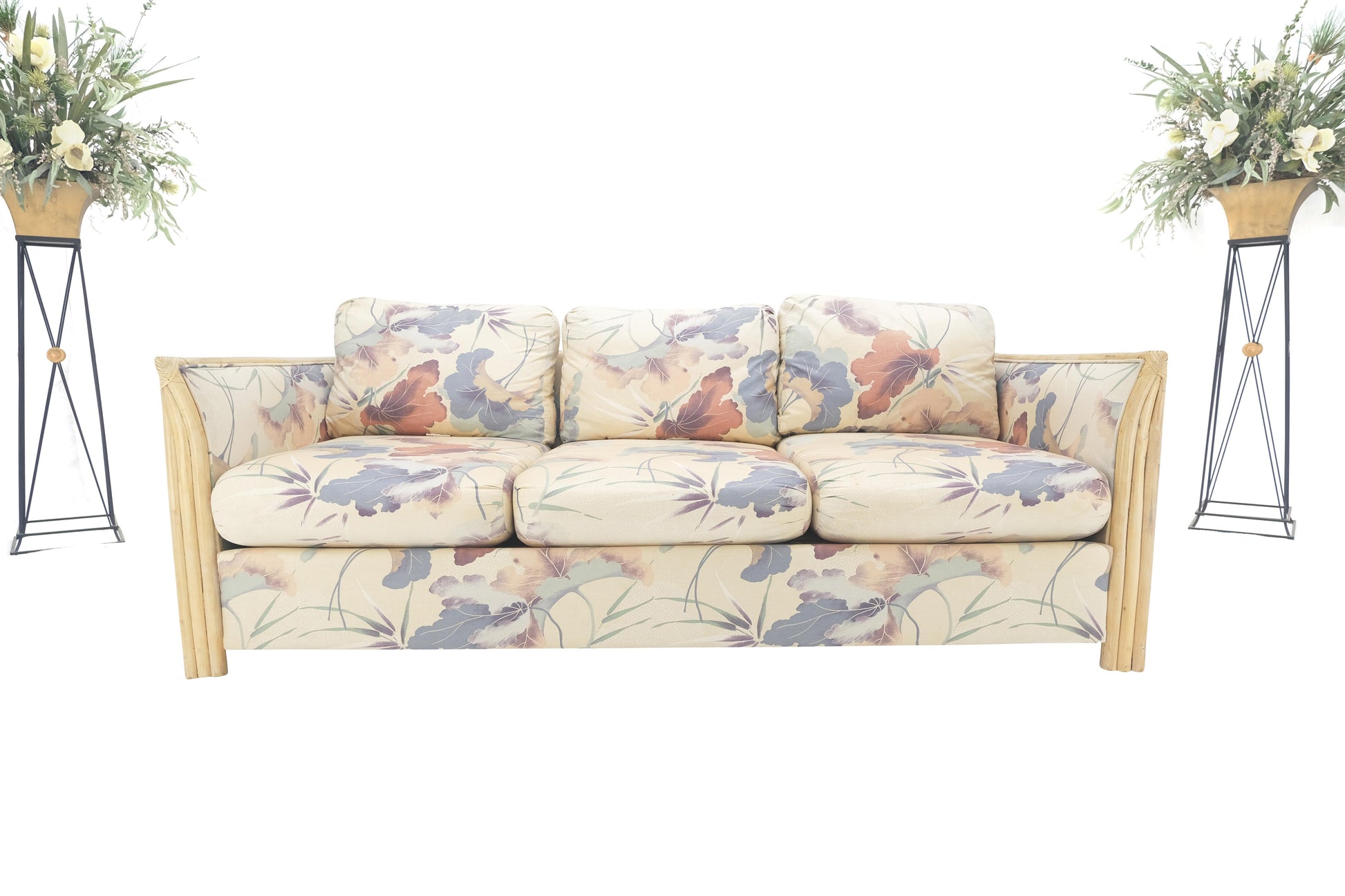 EstablishedLines Mid Century Three Seater Bamboo Frame Flowered Upholstery Sofa Couch