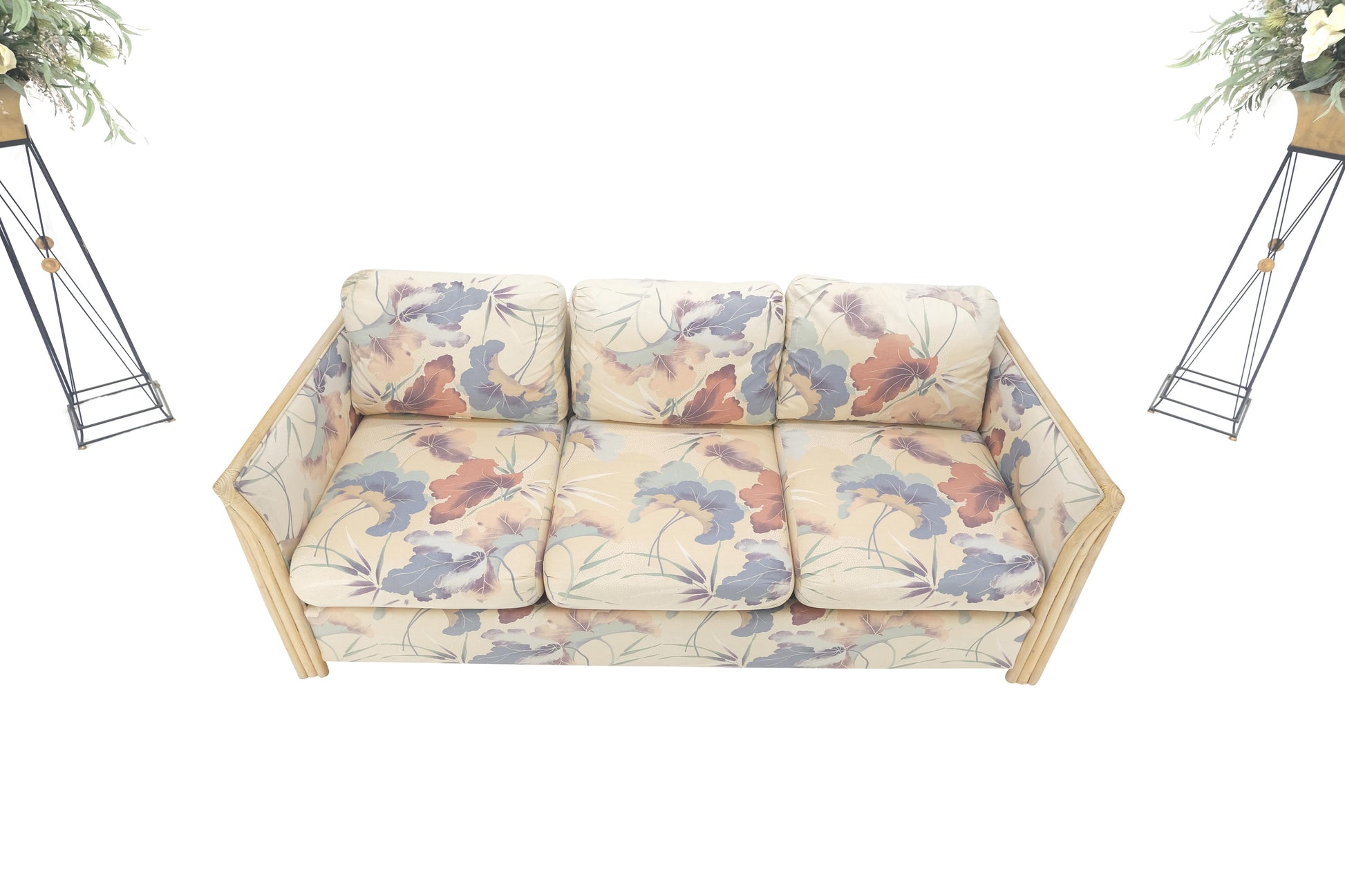EstablishedLines Mid Century Three Seater Bamboo Frame Flowered Upholstery Sofa Couch