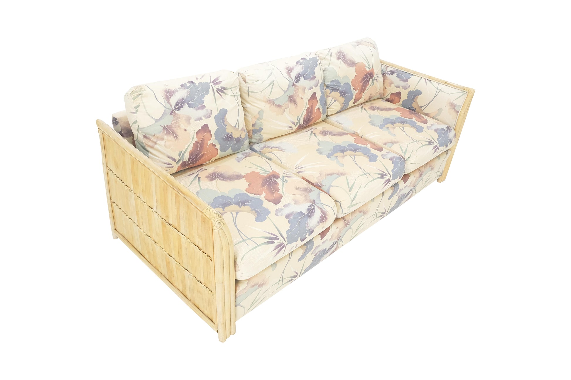 EstablishedLines Mid Century Three Seater Bamboo Frame Flowered Upholstery Sofa Couch