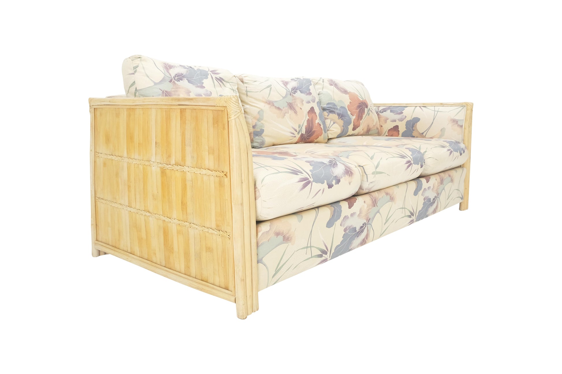 EstablishedLines Mid Century Three Seater Bamboo Frame Flowered Upholstery Sofa Couch