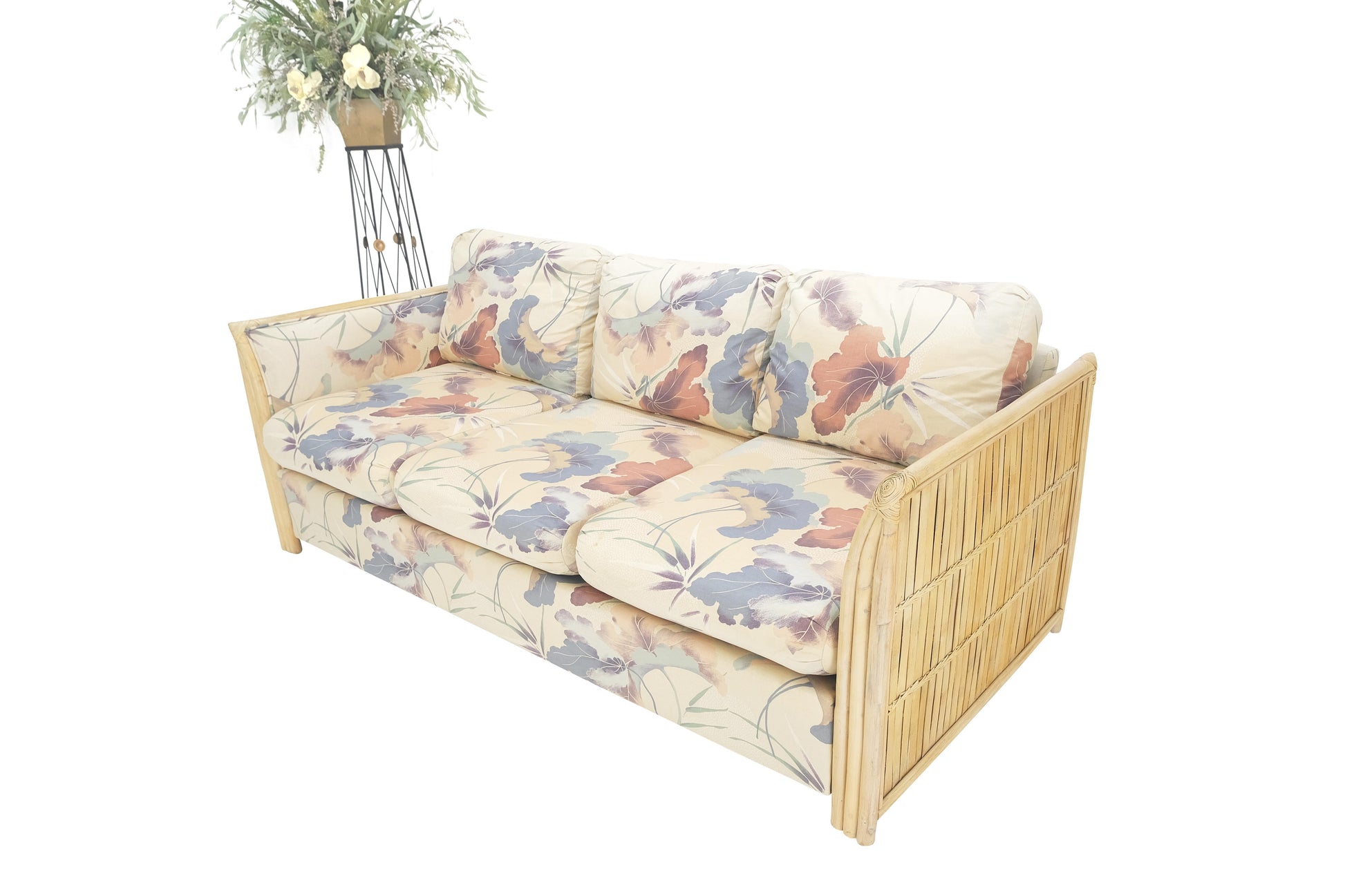 EstablishedLines Mid Century Three Seater Bamboo Frame Flowered Upholstery Sofa Couch