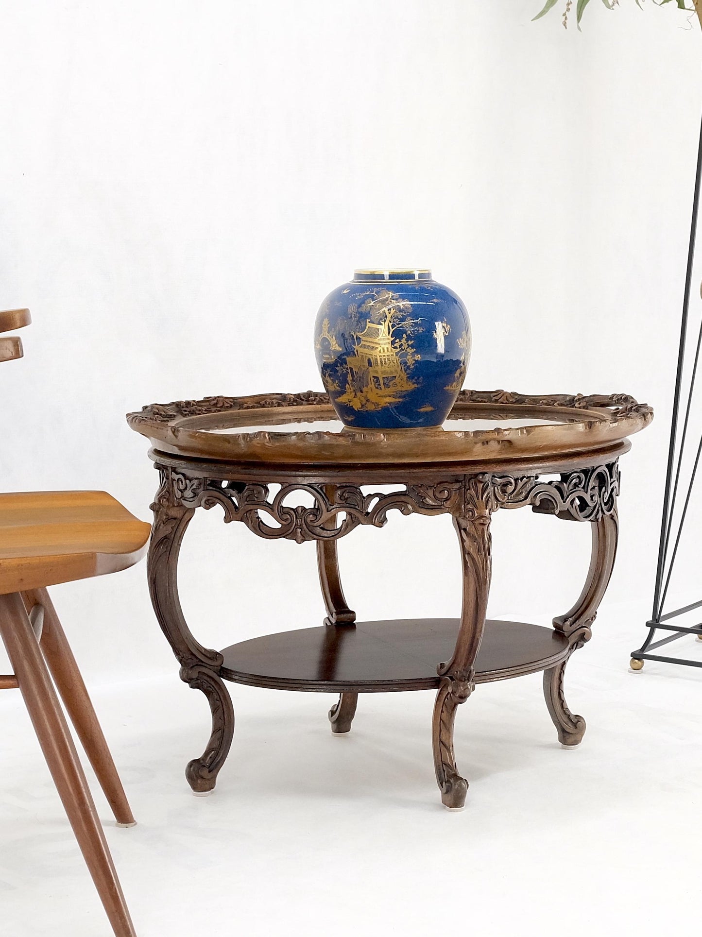 EstablishedLines Oval Glass Tray Top Heavily Carved Inlay Walnut Side End Occasional Coffee Table