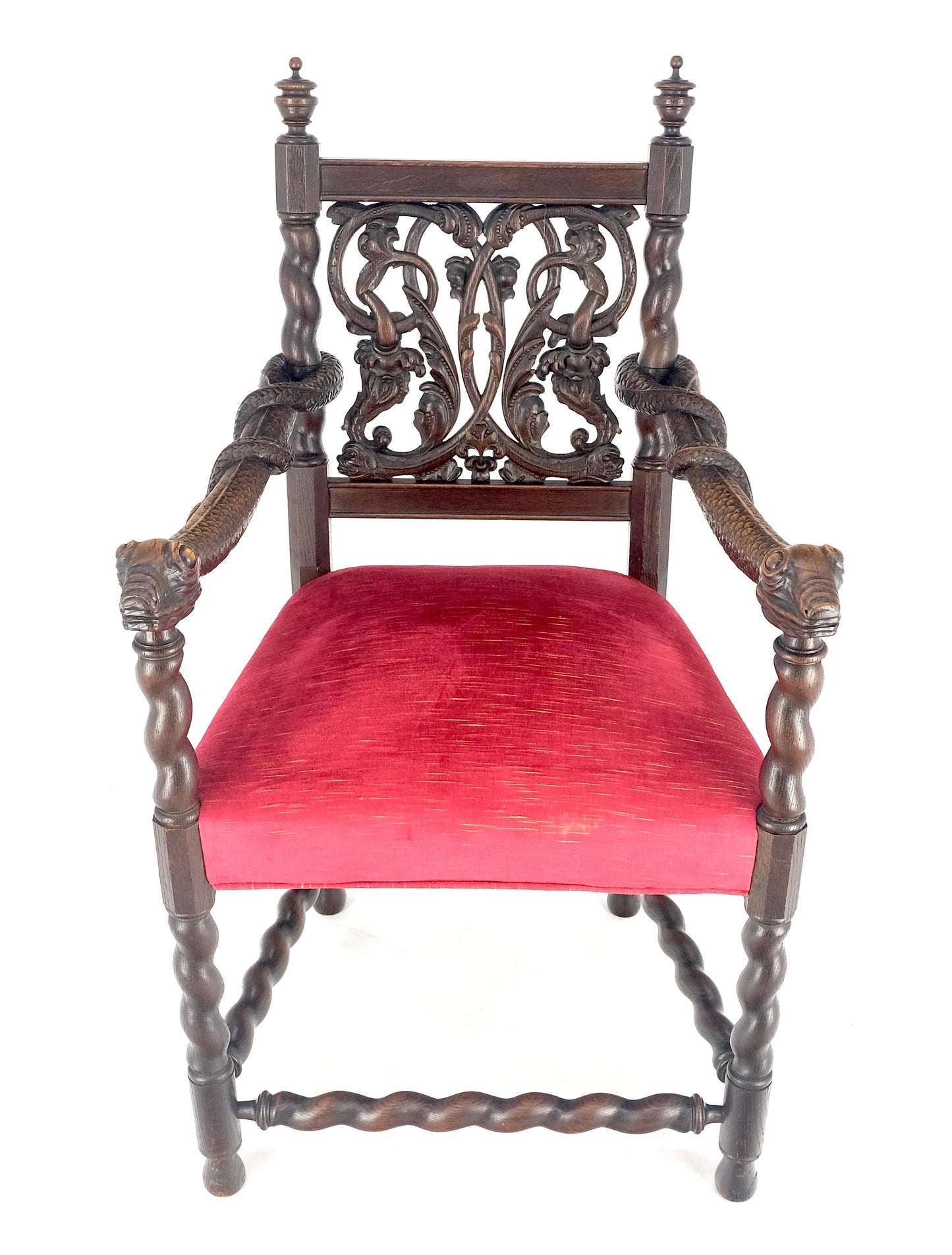 EstablishedLines Very Fine Carved Snakes Arms Twisted Legs Finials Antique Gothic Arm Chair MINT