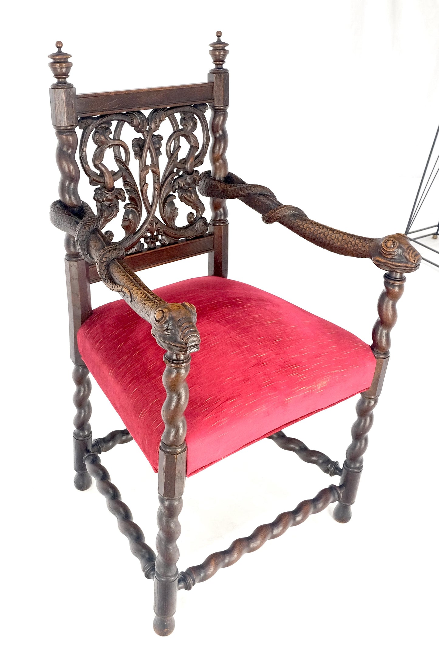 EstablishedLines Very Fine Carved Snakes Arms Twisted Legs Finials Antique Gothic Arm Chair MINT