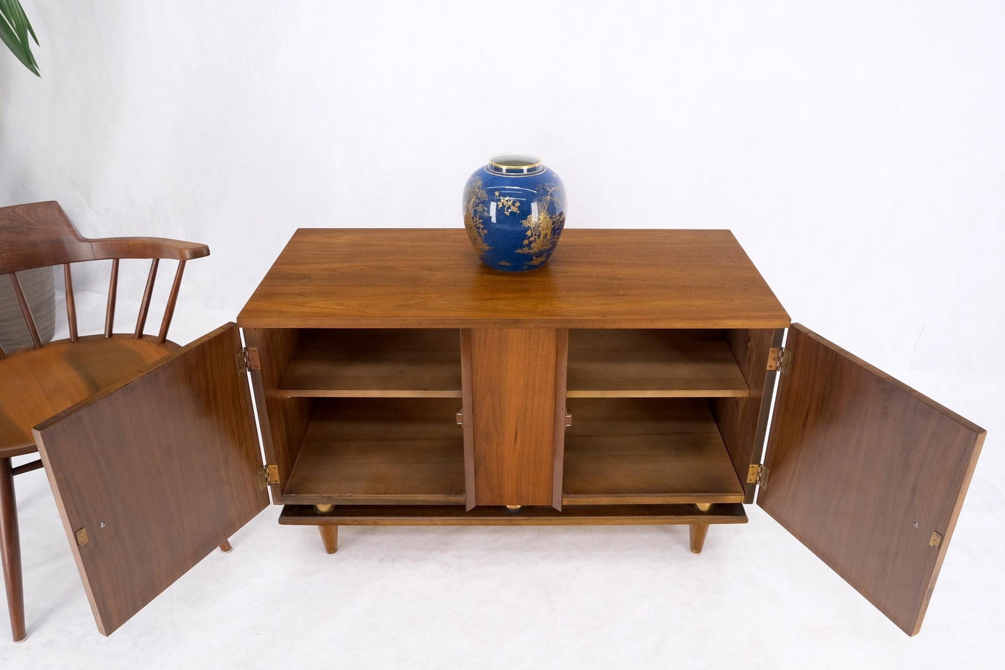 EstablishedLines Mid-Century Modern Walnut Two Doors Floating Base Small Petit Credenza Mint