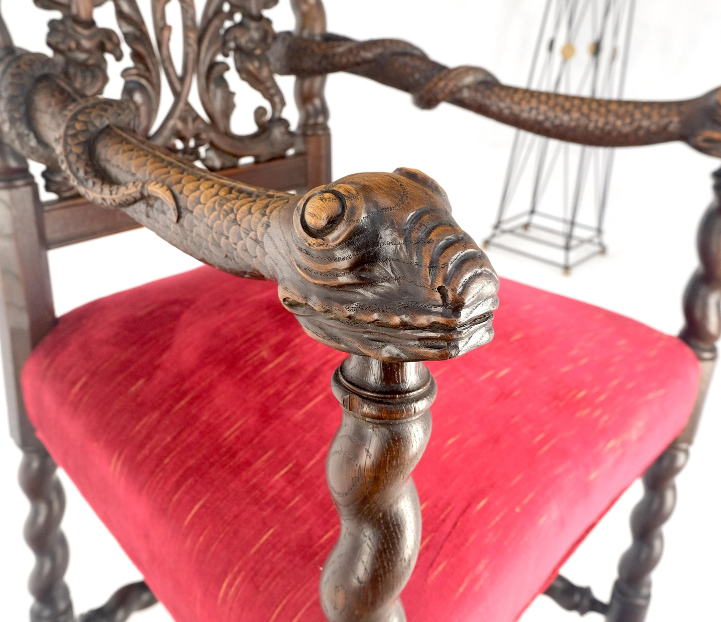 EstablishedLines Very Fine Carved Snakes Arms Twisted Legs Finials Antique Gothic Arm Chair MINT