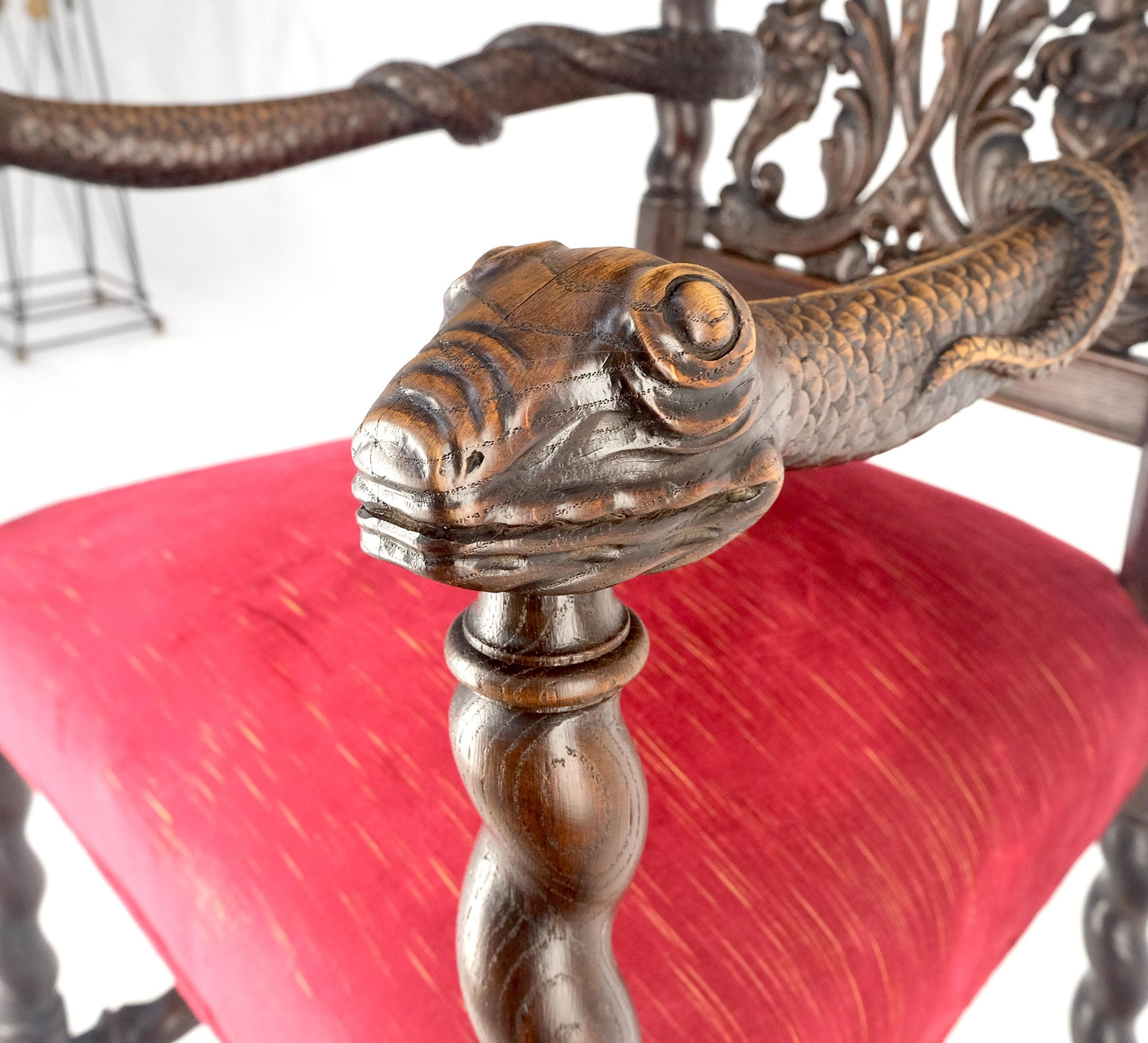 EstablishedLines Very Fine Carved Snakes Arms Twisted Legs Finials Antique Gothic Arm Chair MINT