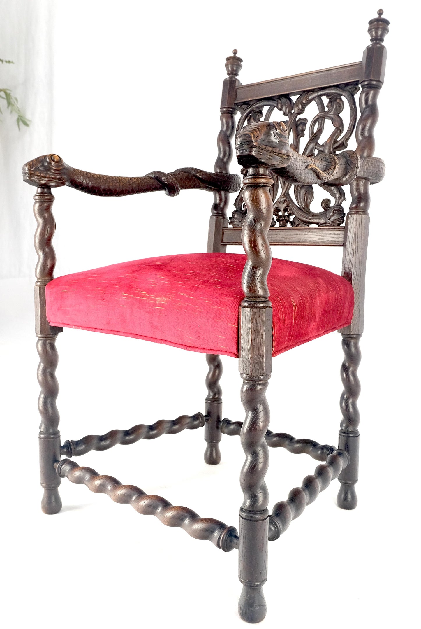 EstablishedLines Very Fine Carved Snakes Arms Twisted Legs Finials Antique Gothic Arm Chair MINT