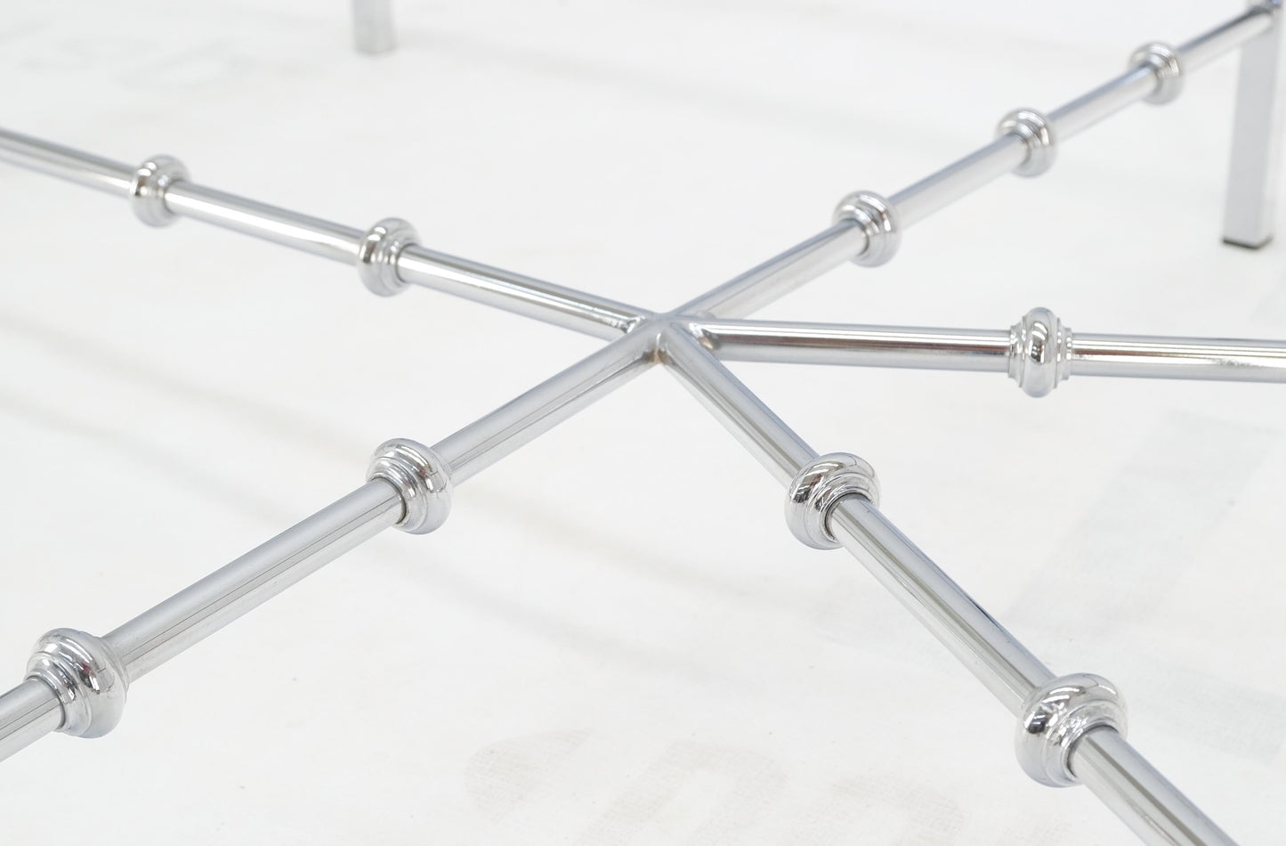 EstablishedLines Faux Bamboo Chrome Glass Top Brass Balls Finials Elongated Hexagon Coffee Table