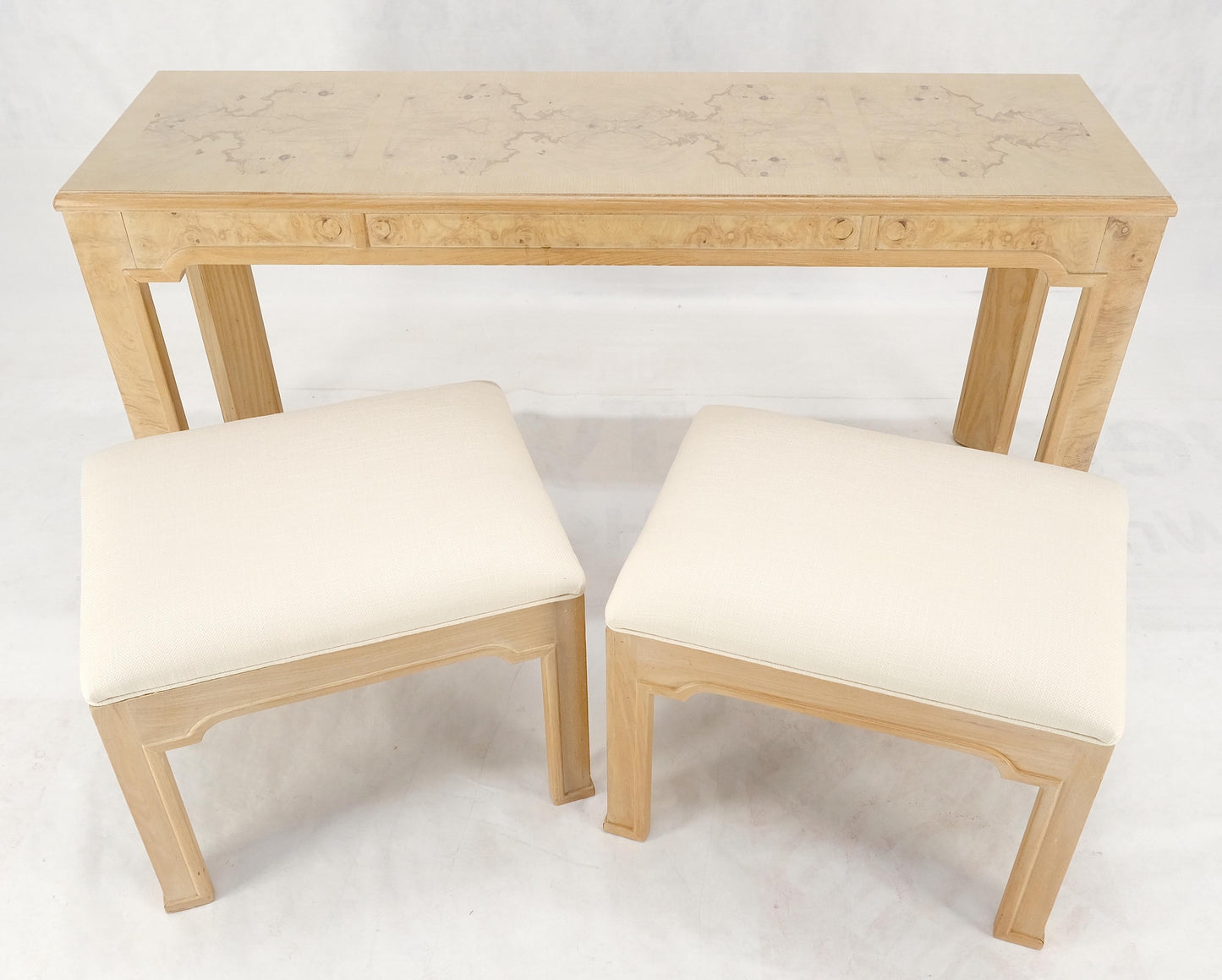 EstablishedLines Pair 1970s Nesting Benches Matching Burl Console Sofa Table New Upholstery MINT!