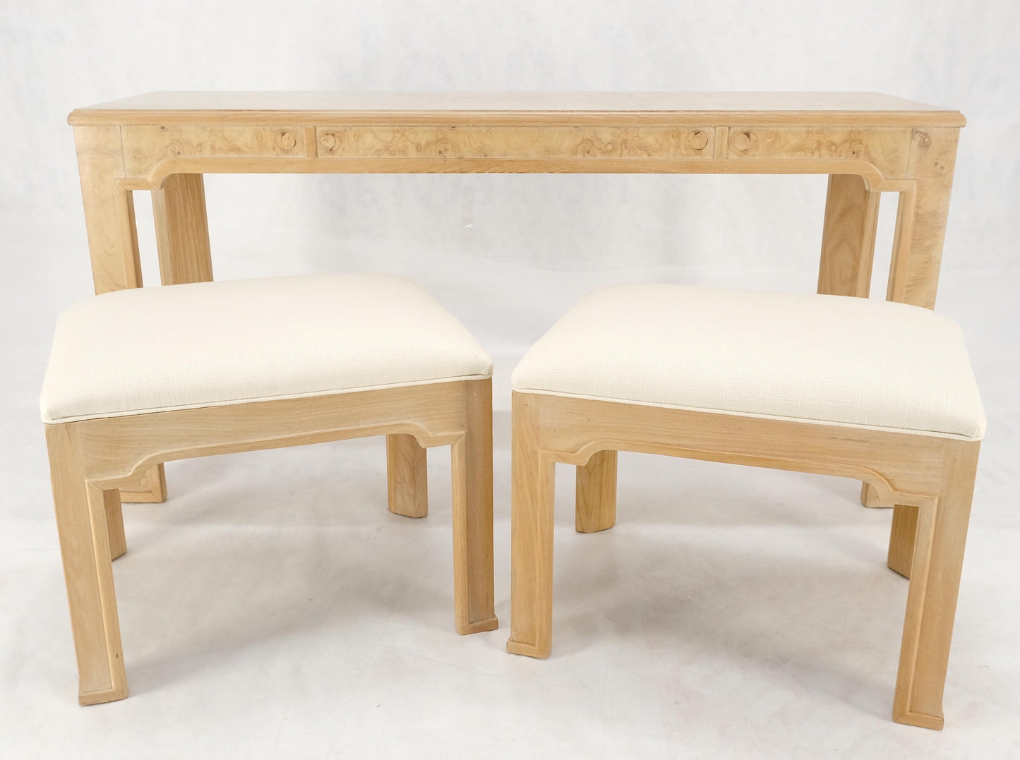 EstablishedLines Pair 1970s Nesting Benches Matching Burl Console Sofa Table New Upholstery MINT!