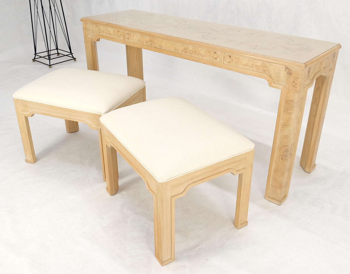 EstablishedLines Pair 1970s Nesting Benches Matching Burl Console Sofa Table New Upholstery MINT!