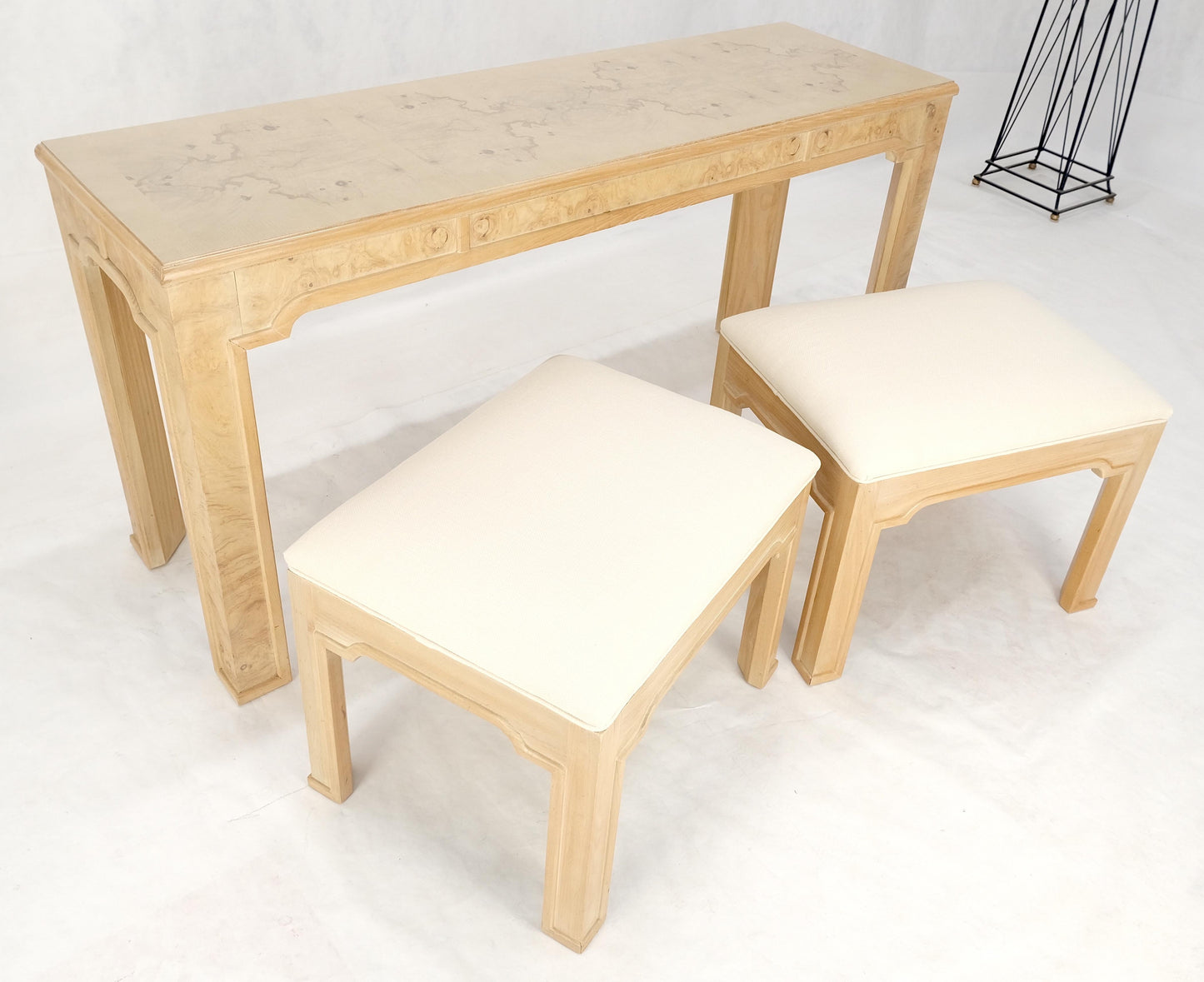 EstablishedLines Pair 1970s Nesting Benches Matching Burl Console Sofa Table New Upholstery MINT!
