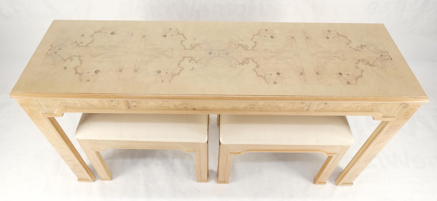 EstablishedLines Pair 1970s Nesting Benches Matching Burl Console Sofa Table New Upholstery MINT!