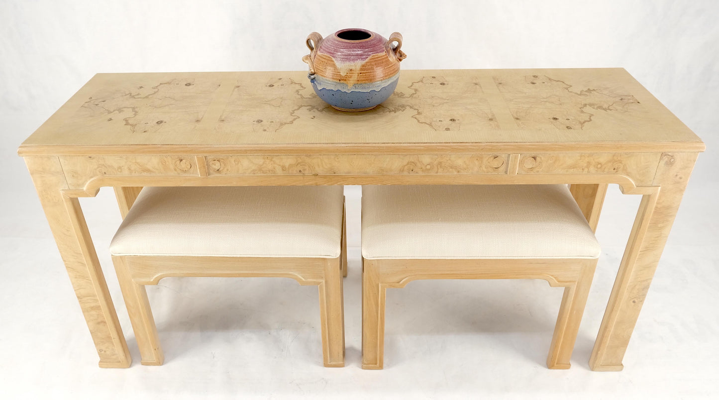 EstablishedLines Pair 1970s Nesting Benches Matching Burl Console Sofa Table New Upholstery MINT!