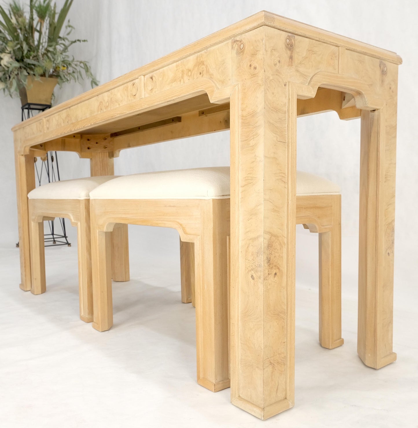 EstablishedLines Pair 1970s Nesting Benches Matching Burl Console Sofa Table New Upholstery MINT!