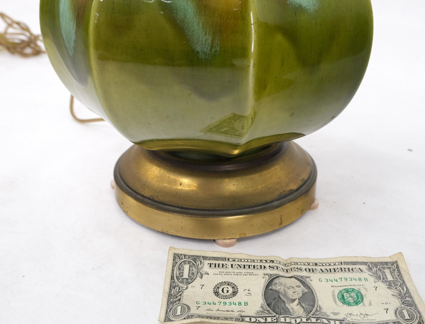 EstablishedLines Pair Mid Century Onion Shape Glazed Green Yellow Blue Lava Pattern Table Lamps