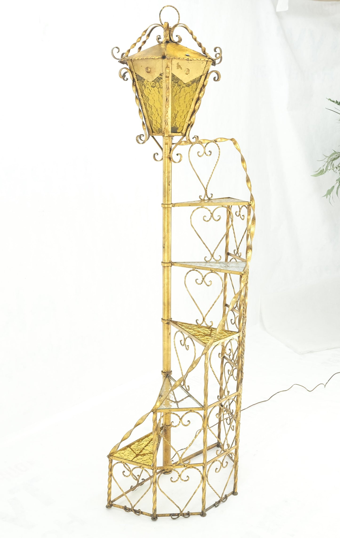 EstablishedLines 5 tier Gold Gilt Spiral Plant Stand Floor Lamp Lantern Shade Decorative MINT!