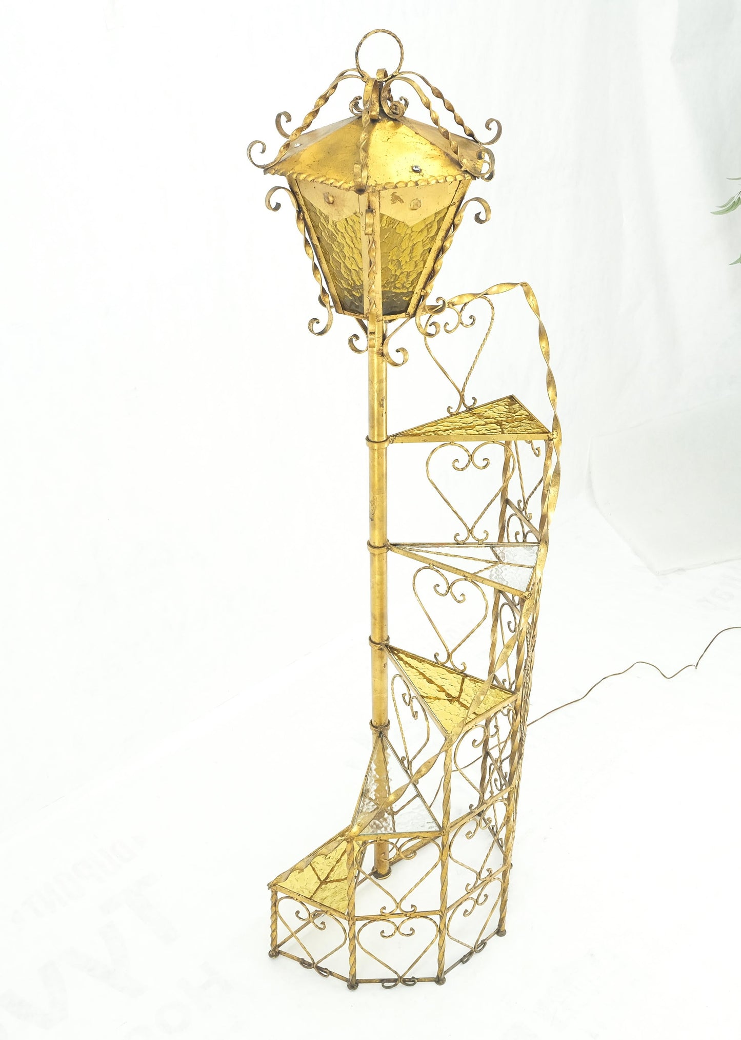 EstablishedLines 5 tier Gold Gilt Spiral Plant Stand Floor Lamp Lantern Shade Decorative MINT!