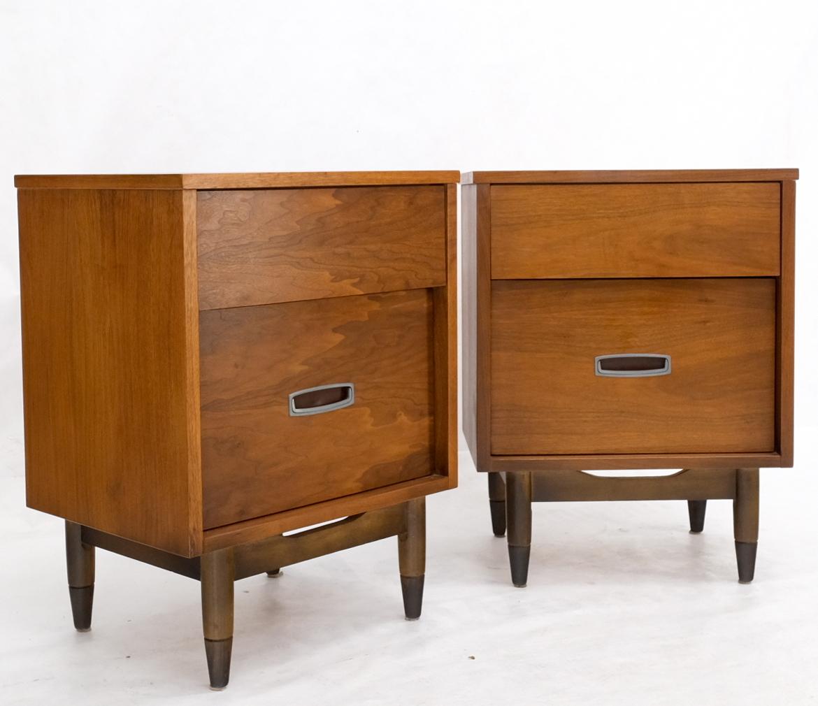 EstablishedLines Pair Light American Walnut Two Drawers End Tables Nightstands Cabinets Dowel Leg