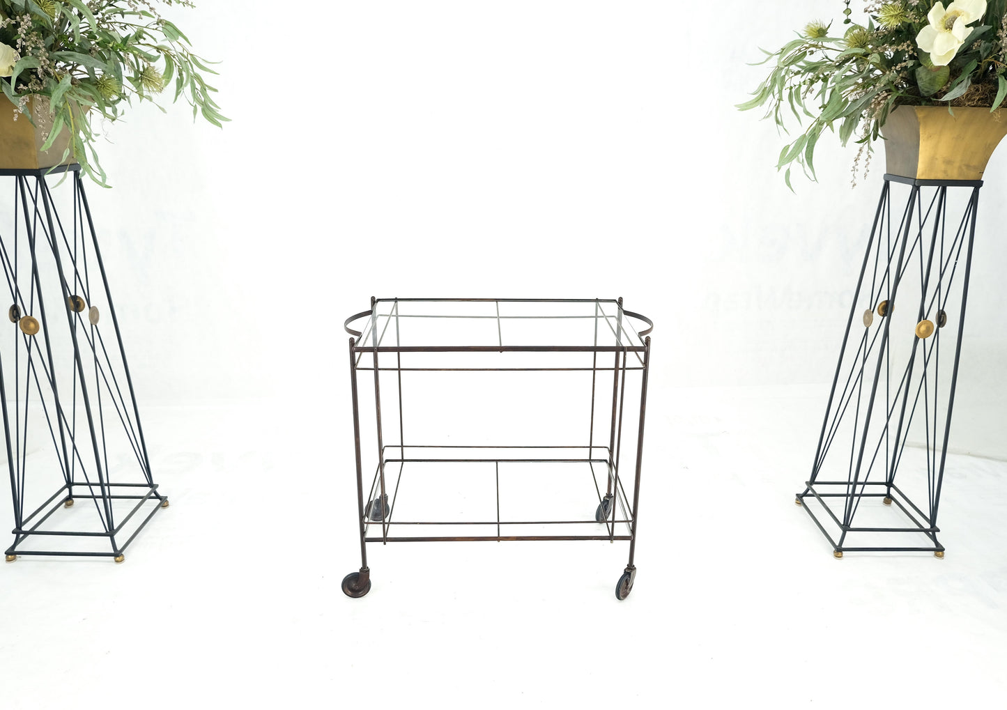 EstablishedLines Mid Century Modern c1950s Rolling Brass Two Tier Rectangle Serving Cart Wheels
