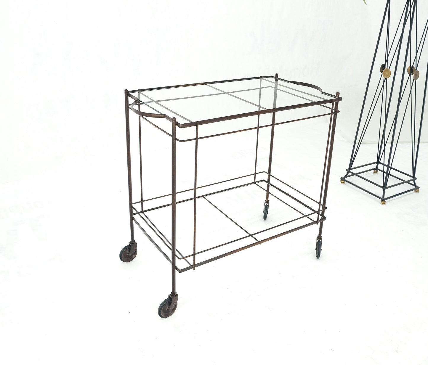 EstablishedLines Mid Century Modern c1950s Rolling Brass Two Tier Rectangle Serving Cart Wheels