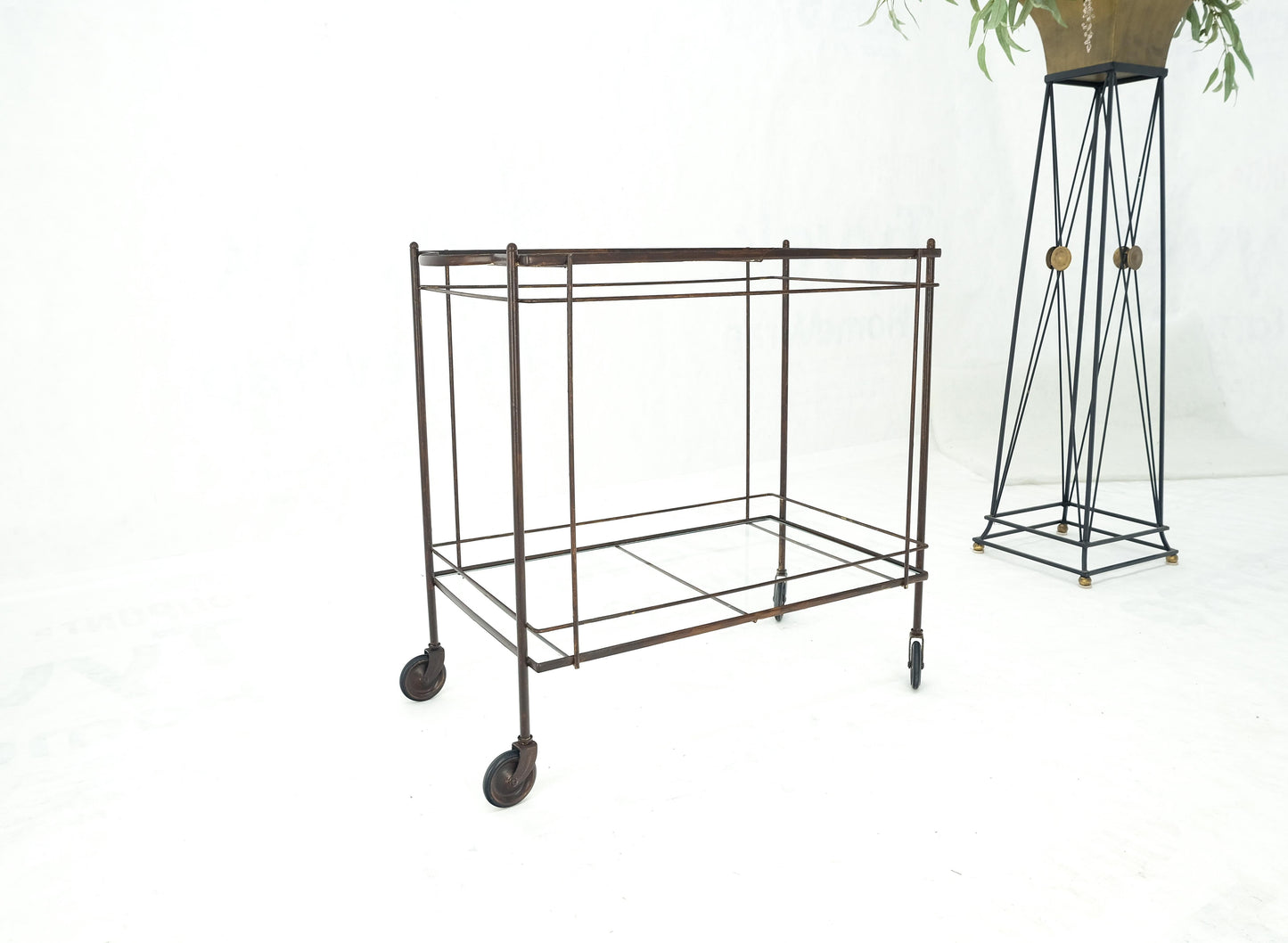EstablishedLines Mid Century Modern c1950s Rolling Brass Two Tier Rectangle Serving Cart Wheels