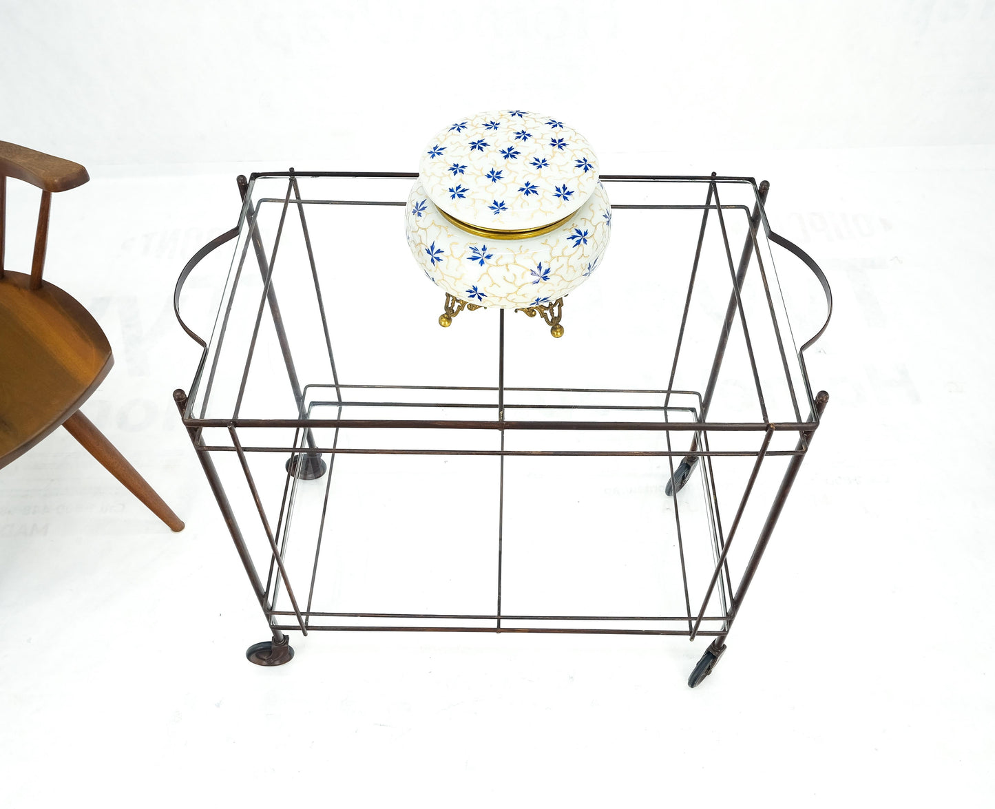 EstablishedLines Mid Century Modern c1950s Rolling Brass Two Tier Rectangle Serving Cart Wheels
