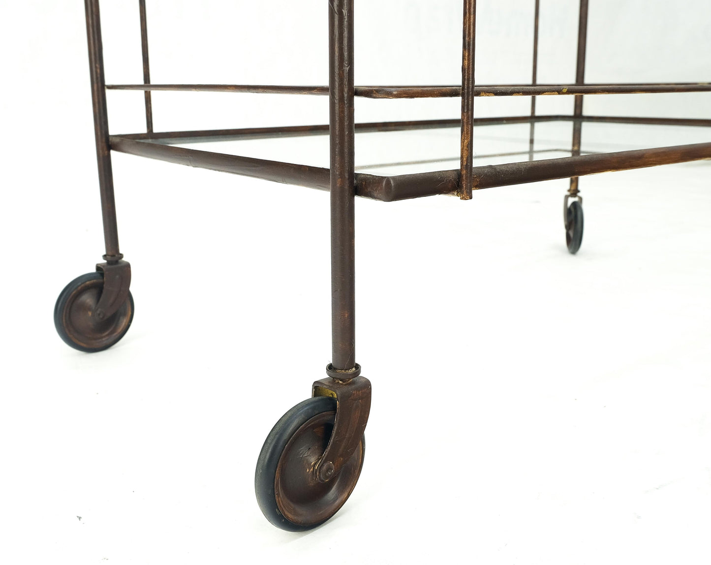 EstablishedLines Mid Century Modern c1950s Rolling Brass Two Tier Rectangle Serving Cart Wheels